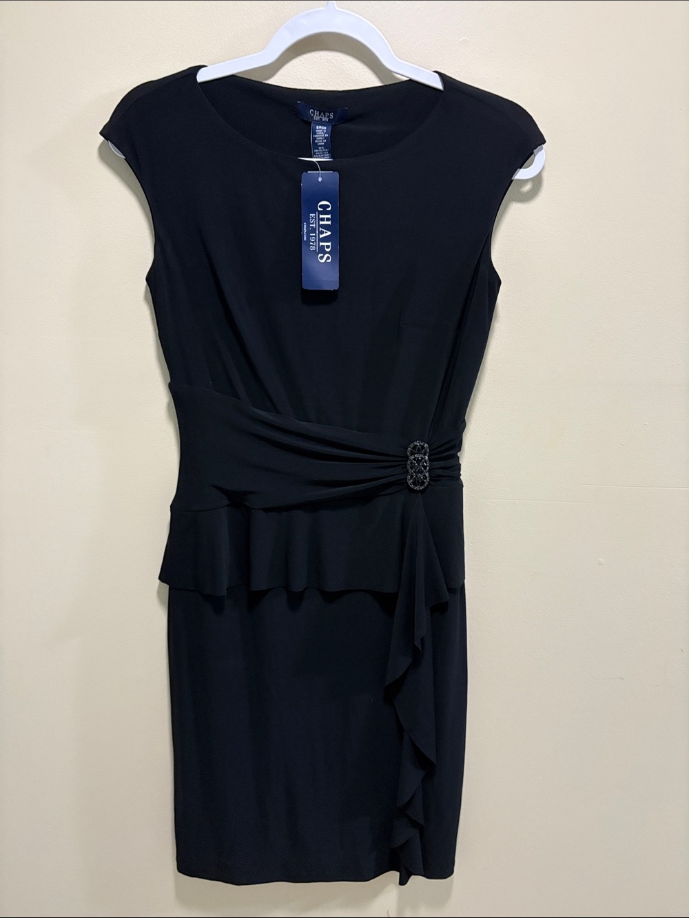 Chaps Black Sleeveless Midi Dress with Draped Waist and Buckle